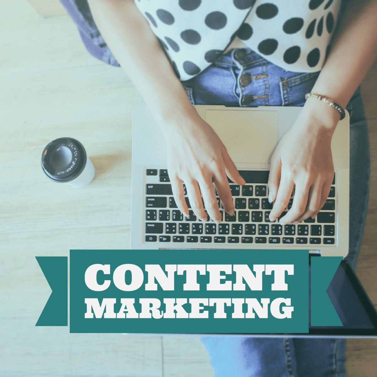 woman on laptop working on content pillars with banner that says content marketing