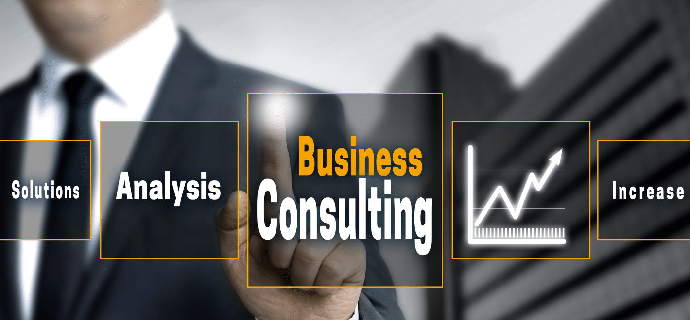 photo of man pointing to business consulting surrounded by digital marketing for consultants icons