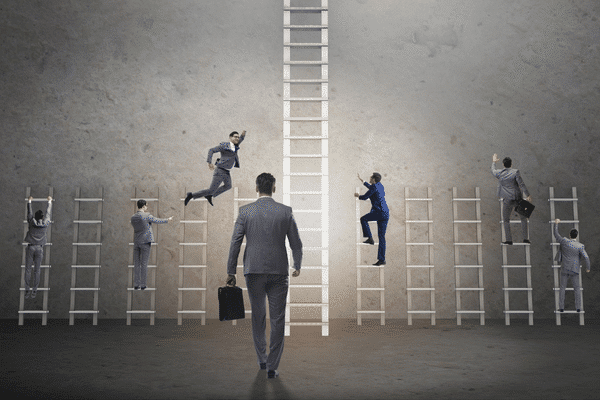 image of man walking straight to the tall ladder while his competitors struggle on short ones resembling SEO competitors