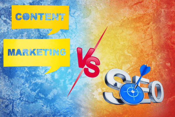graphic showing content marketing vs seo as if they are ready to duel