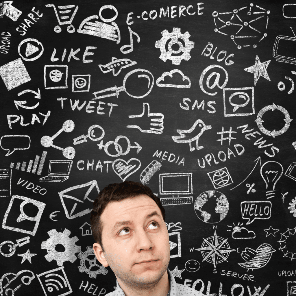 photo of man looking up at tons of social media icons for the best social media advertising services san diego