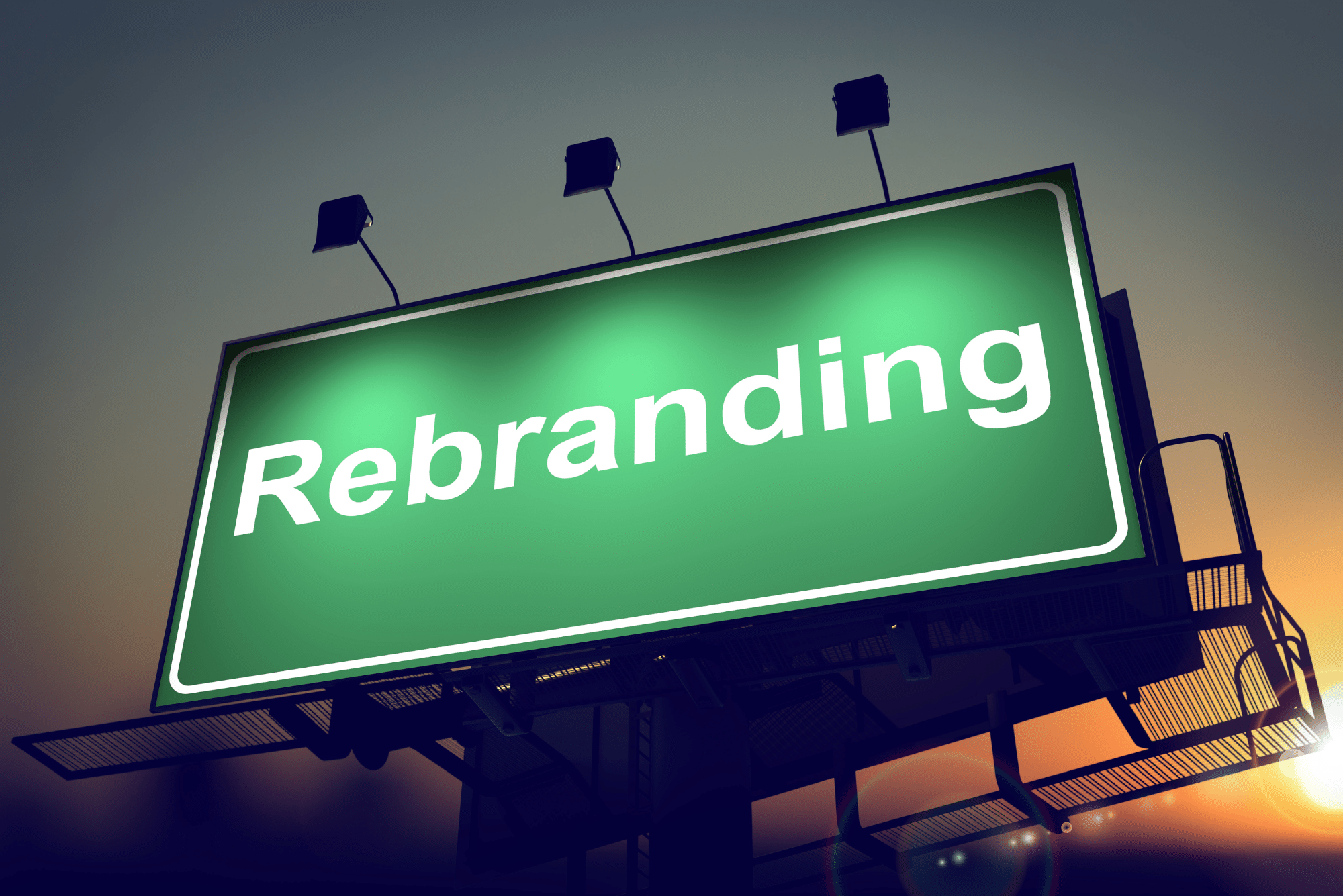photo of a billboard with the word rebranding on it to help clients with business rebranding strategy