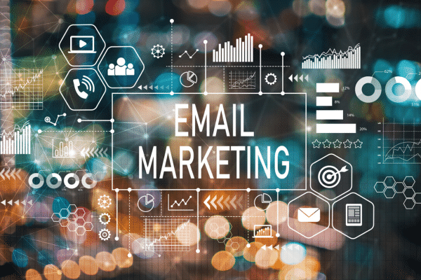 photo of email icons with email marketing for consulting firms in the middle