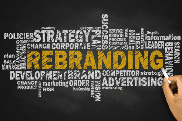 graphic with the word rebranding in the middle surrounded by relevant terms