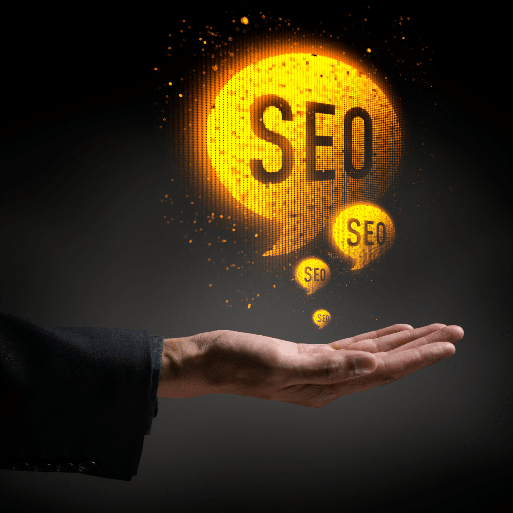 graphic showing mans hand with SEO bubble getting larger after doing seo for franchises