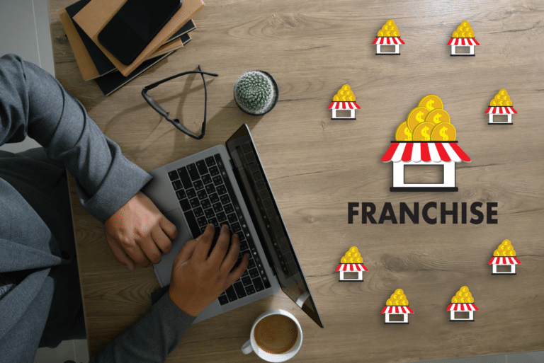 graphic showing man optimizing local seo for franchises with locations icons on desk